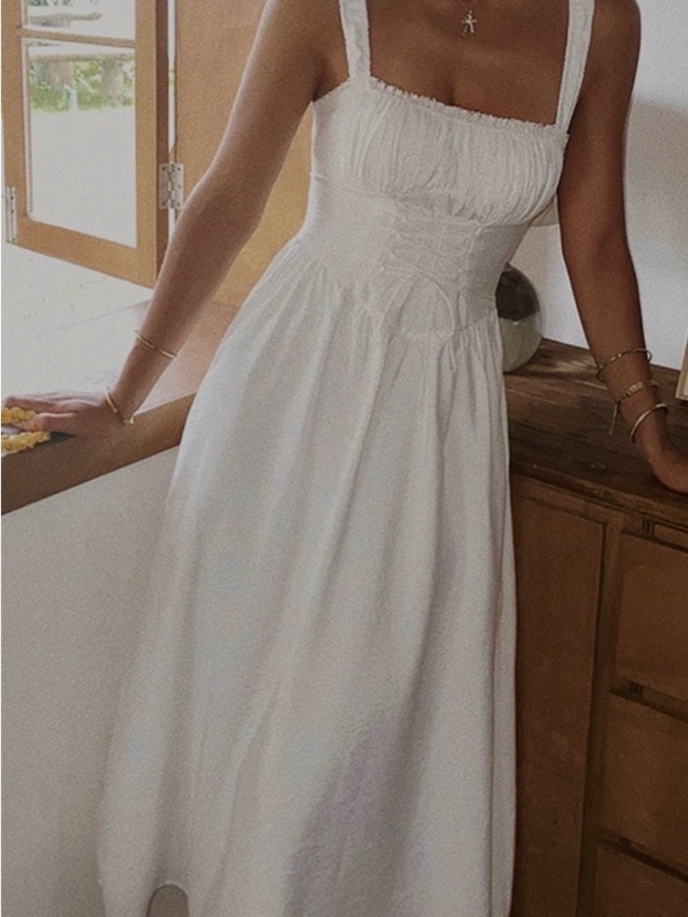 Commense White Smocked Bodice Maxi Dress